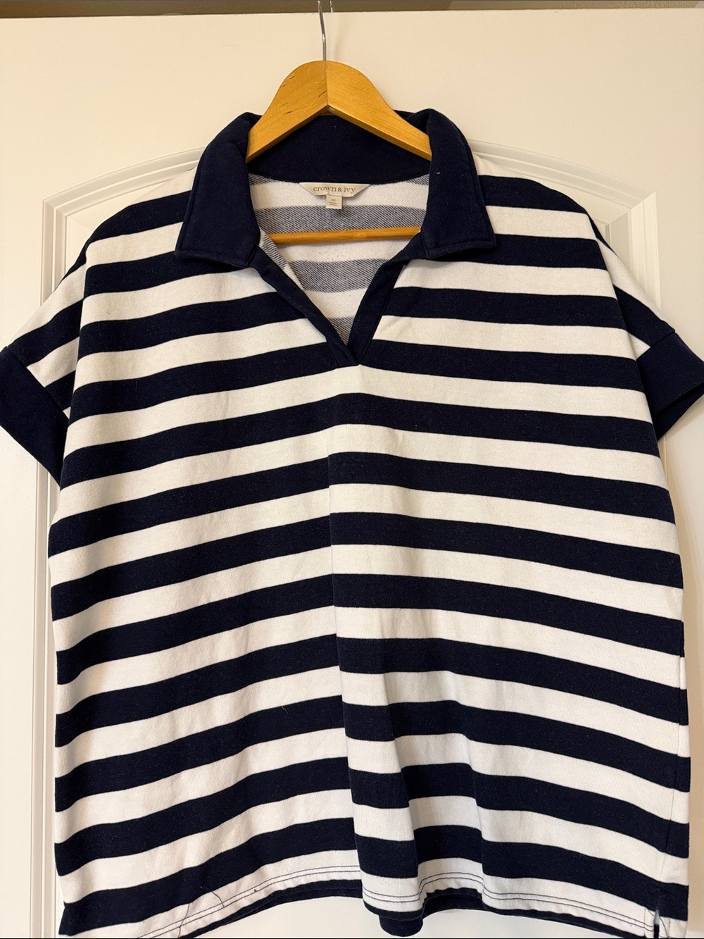 crown & ivy Navy and White Striped Polo